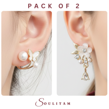 Soulitam Pack of 2 Korean Style Butterfly Pearl Stud & Floral Crystal Drop Earring Combo. Gold Plated Jewellery for Women and Girls. Alloy Stud Earring, Drop Earring.