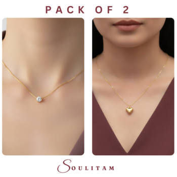 Soulitam Pack of 2 Gold Plated Necklace Combo Solitaire Crystal & Dainty Heart Pendant Chain Jewellery for Women and Girls Alloy, Brass Necklace Set