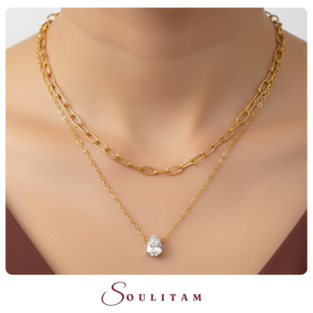 Soulitam Double Layer Gold Plated Necklace featuring a Paperclip Chain and a Solitaire Teardrop Cubic Zirconia Pendant for Women, Jewellery Gift