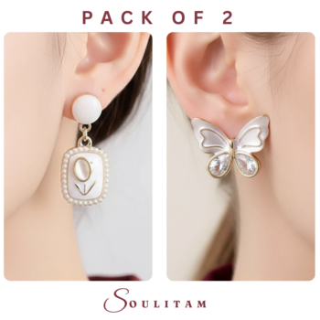 Soulitam Pack of 2 Korean Design Earrings Combo with White Butterfly Crystal Studs & Floral Pearl Dangler for Women and Girls Alloy Earring Set
