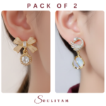Soulitam Pack of 2 Gold Plated Bow Pearl & Crystal Swan Drop Earring Combo Set Alloy, Cubic Zirconia, Pearl Dangle Earring for Women and Girls